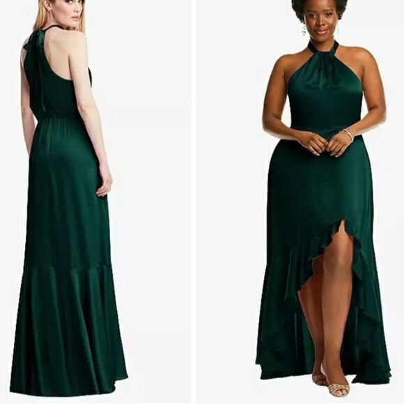 NEW Social Bridesmaids Tie-Neck Halter Maxi Dress Whisper Satin in Evergreen, XS - Picture 2 of 12